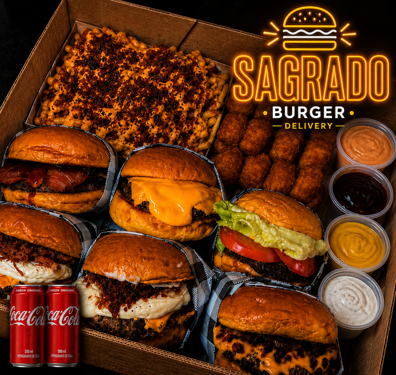 RODÍZIO EM CASA - 6 Hambúrgueres + Fritas + Nuggets + 2 Coca 2L